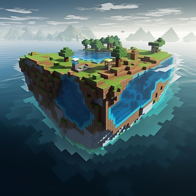 Wyspa Minecraft unosząca się na oceanie z jeziorem pośrodku.