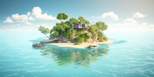 Wyspa na środku morza w słoneczny dzieńKolorowy letni szablon Koncepcja rekreacji Generacyjna sztuczna inteligencja