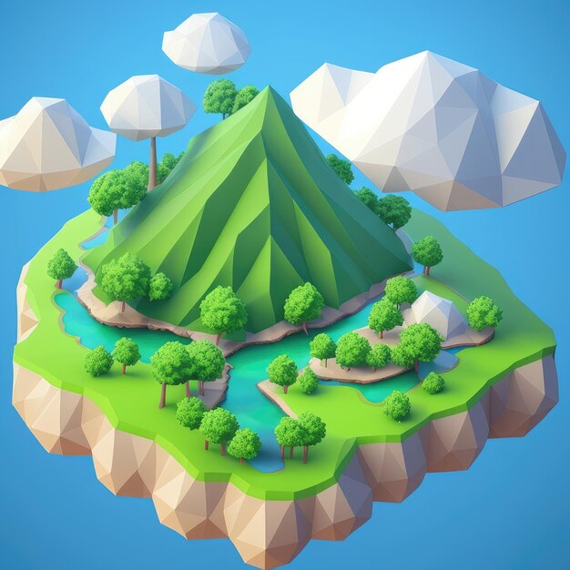 Wyspa w stylu low poly z górą i drzewami.