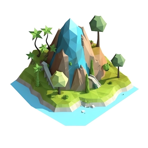 Wyspa w stylu low poly z górą pośrodku.