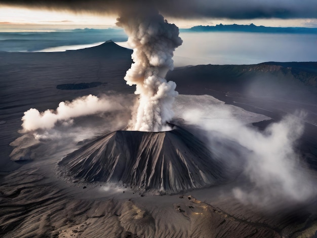 Wyspa wulkaniczna z wrzącym kraterem i chmurami popiołu wznoszącymi się w powietrze