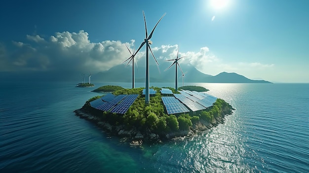 Wyspa z drzewami trawiastymi i niebem, na której znajdują się panele słoneczne i turbiny wiatrowe. Generacyjna sztuczna inteligencja