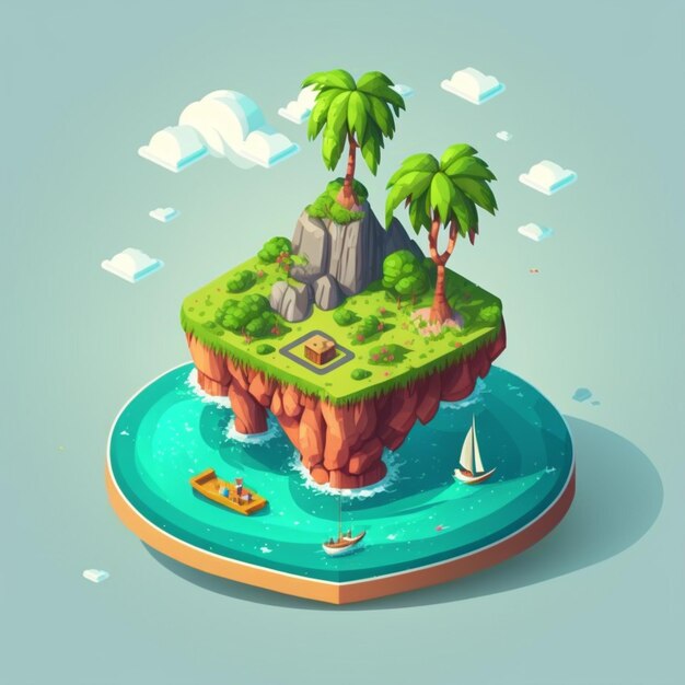 Zdjęcie wyspa z kreskówką z łodzią i palmami na niebieskiej wodzie generującej ai
