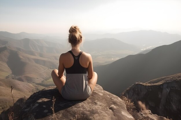 Wysportowana kobieta ćwicząca jogę siedząca na skale i patrząca na góry