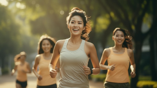Wysportowana młoda Azjatka biegająca w parku, uśmiechnięta, szczęśliwa biegająca i ciesząca się zdrowiem generowanym przez sztuczną inteligencję