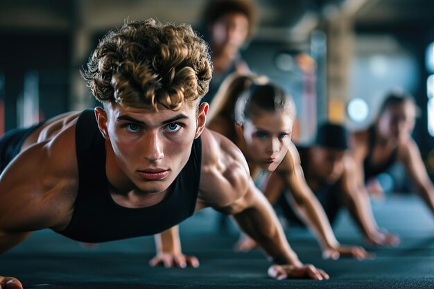 Zdjęcie wysportowani młodzi ludzie robiący pompki na siłowni, wyglądający na skupionych