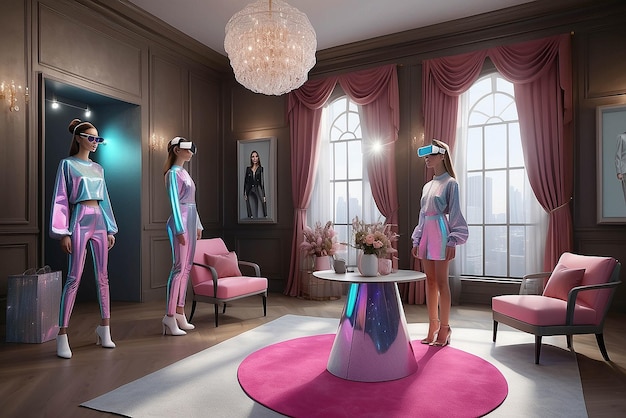 Zdjęcie wystawa mody w wirtualnej rzeczywistości z modelami holograficznymi w studiu projektowym z mockupem kostiumów do dostosowania