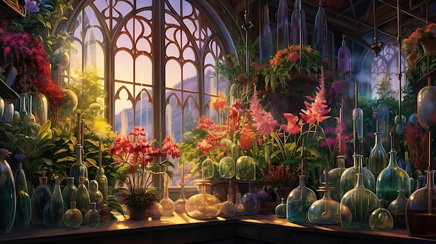 Wystawa okienna z kwiatami i roślinami