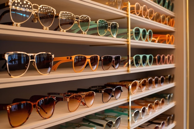 Wystawa okularów przeciwsłonecznych w butiku z różnymi stylami i kolorami stworzonymi za pomocą generatywnej sztucznej inteligencji