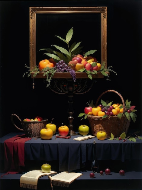 Wystawa owoców i kosz z owocami