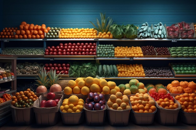 Wystawa owoców i warzyw w sklepie.