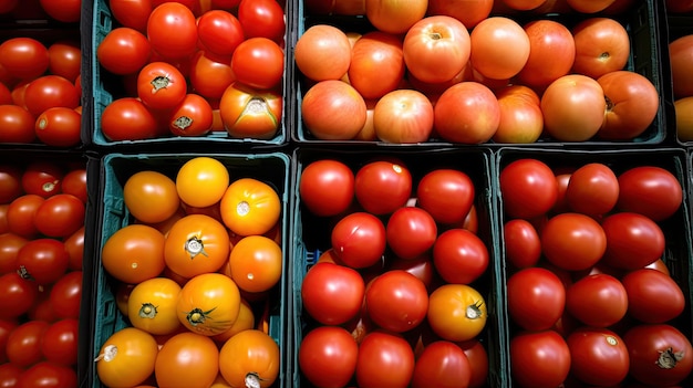 Wystawa pomidorów i pomarańczy z napisem „pomidory”.