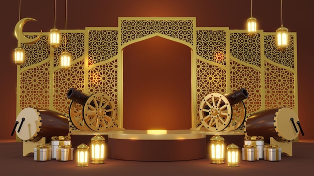 Wystawa produktów islamskich makieta. Podium, sierp księżyca, latarnia, pudełko upominkowe. Ramadan, Islamski Nowy Rok. Renderowanie 3D.