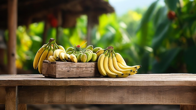 Wystawa produktów rustykalne stare drewniane deski miejsce na kopię stołu z bananem w tle generatywną ai