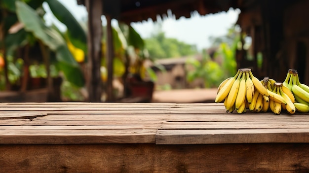 Wystawa produktów rustykalne stare drewniane deski miejsce na kopię stołu z bananem w tle generatywną ai