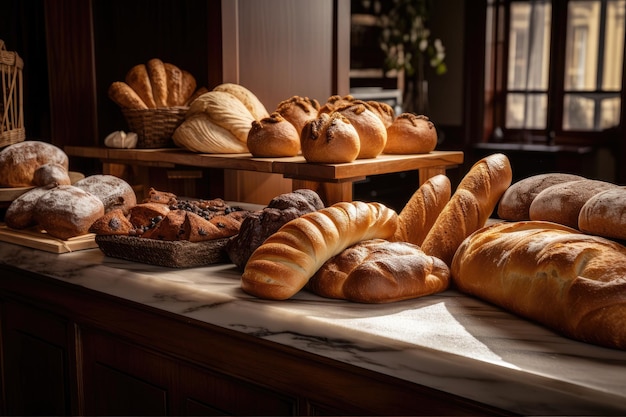 Wystawa świeżo upieczonego chleba, w tym bagietek brioche i zakwasu, stworzonych za pomocą generatywnej AI