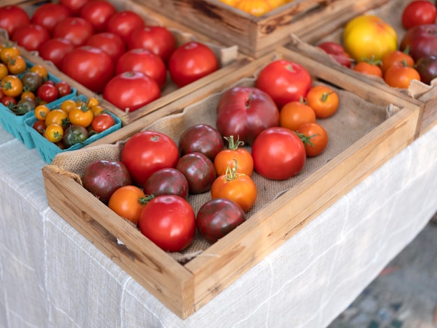 Zdjęcie wystawa świeżych pomidorów organicznych w pudełkach na sprzedaż na rynku rolniczym