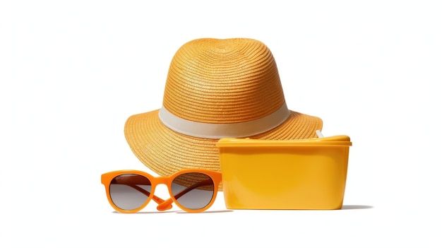 wystawiony jest słomkowy kapelusz i pomarańczowe okulary przeciwsłoneczne.