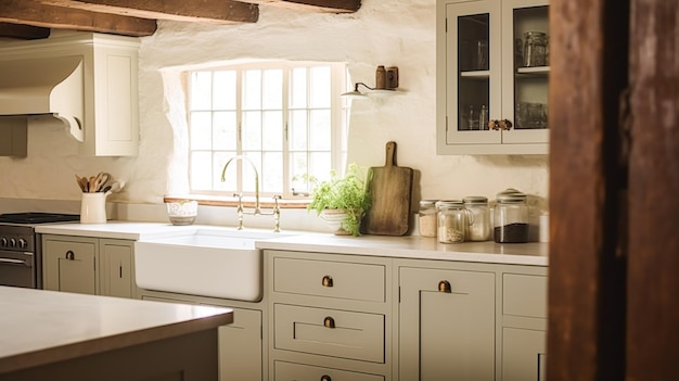 Wystrój kuchni wiejskiej i aranżacja wnętrz Angielskie szafki kuchenne w ramie w rustykalnym stylu, inspiracja eleganckim wiejskim stylem