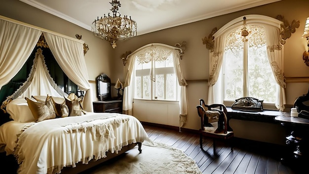 Wystrój luksusowej sypialni hotelowej inspirowany stylem wiktoriańskim, z koronkowymi zasłonami na łóżku z baldachimem i antykami