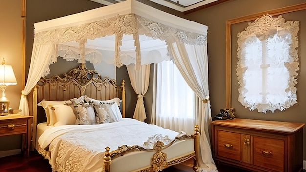 Wystrój luksusowej sypialni hotelowej inspirowany stylem wiktoriańskim, z koronkowymi zasłonami na łóżku z baldachimem i antykami