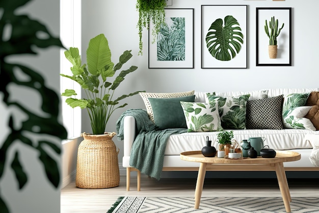 Zdjęcie wystrój nowoczesnego salonu obejmuje elegancką rattanową sofę, poduszkę, dywanik w kratę, rośliny, drewnianą kostkę, tropikalną roślinę, makietę ramki na plakat i wykwintne akcenty wystroju wnętrz