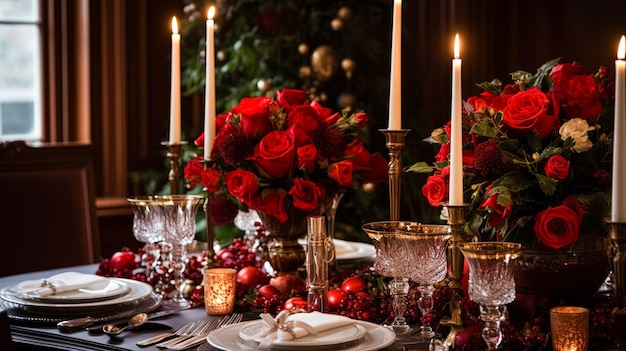 Wystrój stołu bożonarodzeniowego Świąteczny wystrój stołu i nakrycie stołu obiadowego Dekoracja formalnego wydarzenia na rodzinne uroczystości Nowego Roku Inspiracja angielskim stylem wiejskim i domowym