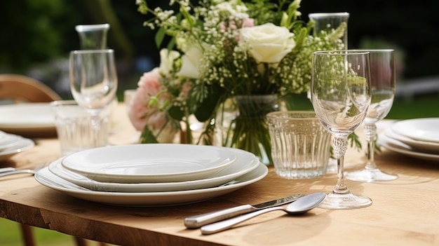 Wystrój stołu Świąteczna sceneria stołu i nakrycie stołu w wiejskim ogrodzie Dekoracja formalna na wydarzenie na wesele rodzinne uroczystości Inspiracja angielskim stylem wiejskim i domowym