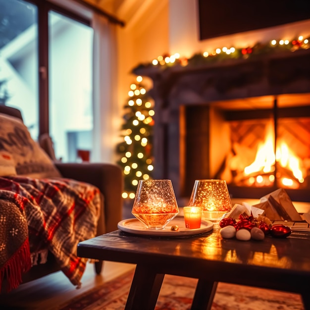 Wystrój świąteczny czas świąteczny i przytulne dekoracje w stylu wiejskiej chaty w angielskim wiejskim domu z choinką i kominkiem na tle ferii zimowych