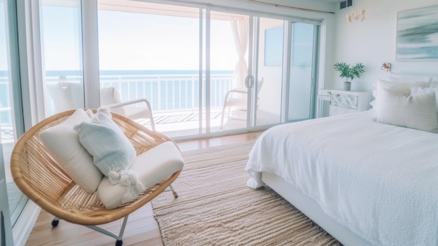 Zdjęcie wystrój sypialni projekt wnętrz domu nadmorski styl skandynawski z widokiem na ocean ozdobiony naturalnym drewnem i drewnem malowanym na biało materiał generative ai aig26