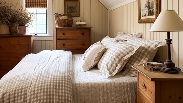 Wystrój sypialni wiejskiej, wystrój wnętrz i drewniane meble, łóżko z wiejską pościelą, angielski dom wiejski do wynajęcia na wakacje i styl domku