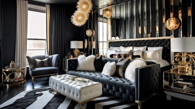 Wystrój sypialni wystrój wnętrz domu Art Deco Hollywood Regency style with Statement Lighting ozdobiony materiałem Velvet i Mosiądz Generative AI AIG26