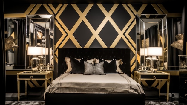 Wystrój sypialni wystrój wnętrz domu Art Deco Styl glamour z geometrycznymi kształtami ozdobiony chromem i materiałem Velvet Generative AI AIG26