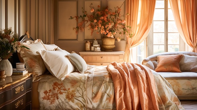 Wystrój sypialni wystrój wnętrz i jesienny wystrój domu łóżko z jedwabną satynową pościelą meble na zamówienie i jesienna dekoracja angielska wiejska posiadłość do wynajęcia na wakacje i pomysł na styl wiejski