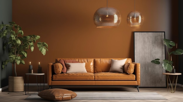 Wystrój wnętrz w stylu Art Deco to klasyczna sofa z lampką stołową i wazonem Generative Ai