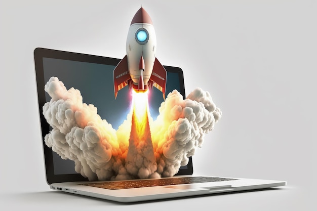 Wystrzel w cyfrowy świat Laptop z rakietą wyłaniającą się z generatywnej sztucznej inteligencji ekranu
