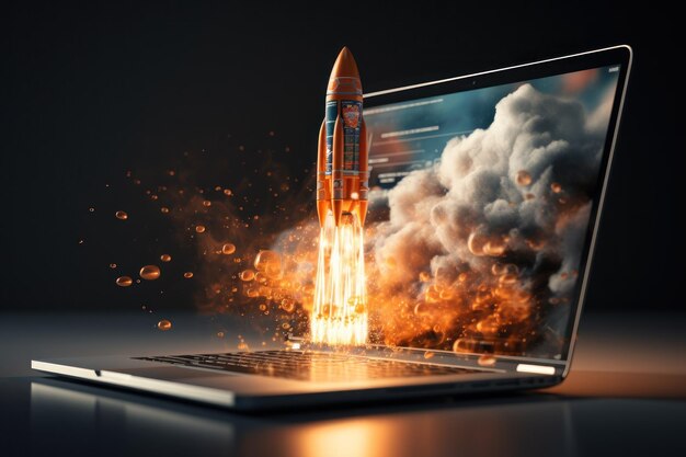 Wystrzelenie rakiety kosmicznej z ekranu laptopa Generacyjna sztuczna inteligencja