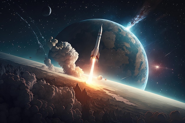 Wystrzelenie rakiety z widokiem na ziemię i gwiaździste niebo stworzone za pomocą generatywnej sztucznej inteligencji