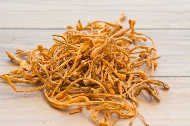 Wysuszeni Cordyceps Militaris Na Drewnianym Tle. Chong Cao, Dong Chong Cao