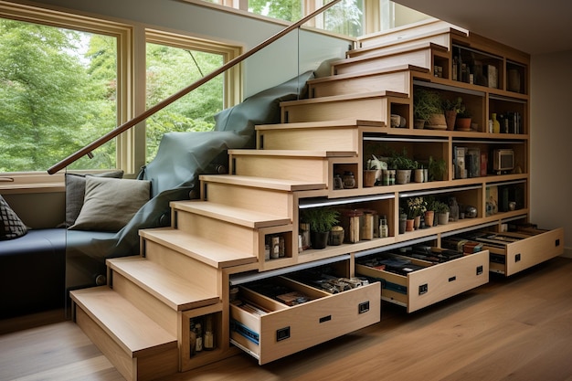 Zdjęcie wysuwane szuflady pod stopniami schodów wypełnione książkami generative by ai