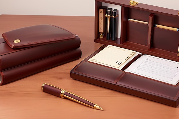 Wyświetl zestaw luksusowych długopisów i skórzanych notebooków na drewnianej desce przeciwko klasycznemu biurku z mahagonu