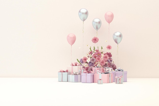 Wyświetlacz 3D na podium na pastelowym różowym tle z pudełkami prezentowymi i kwiatami balonów