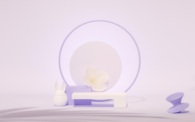 Wyświetlacz 3D podium pastelowe fioletowe i bardzo peri tło z białymi kwiatami i liśćmi palmowymi renderowania 3d