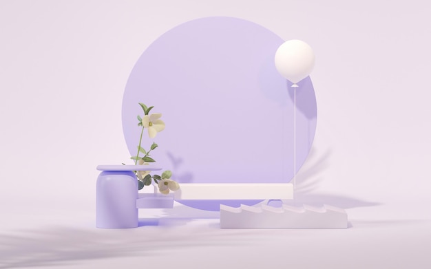 Wyświetlacz 3D podium pastelowe fioletowe i bardzo peri tło z kwiatami róży i liśćmi palmowymi renderowania 3d