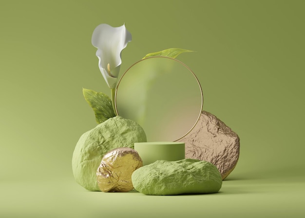 Wyświetlacz 3D podium zielone tło i biały kwiat Kosmetyczny cokół na kosmetyki
