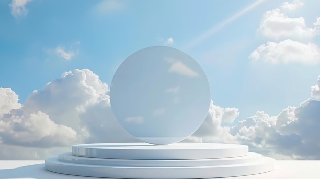 Wyświetlacz 3D produktu na podium z chmurą na tle niebieskiego nieba dla generowanych prezentacji