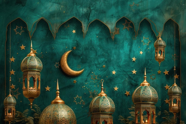 Wyświetlacz architektury islamskiej z skomplikowanymi latarniami i motywami niebiańskimi na turkusowym tle