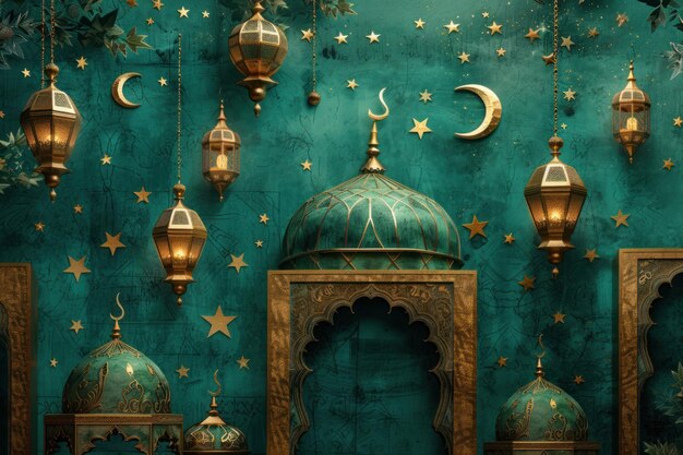 Zdjęcie wyświetlacz architektury islamskiej z skomplikowanymi latarniami i motywami niebiańskimi na turkusowym tle