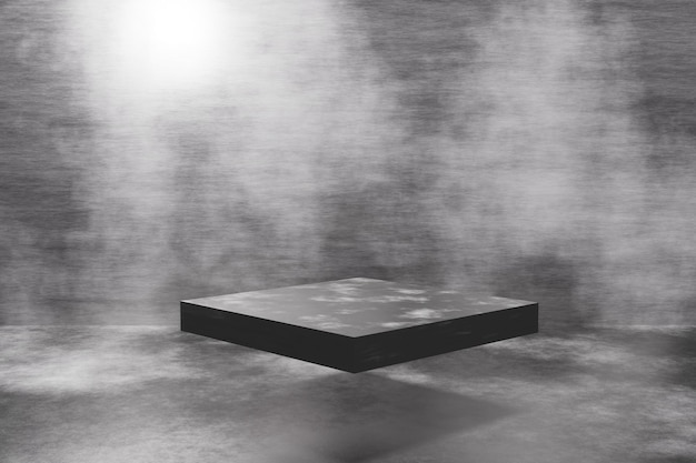 Wyświetlacz cokołu z szarą i czarną kostką i abstrakcyjnym ciemnoszarym tłem z koncepcją stojaka na pudełko Podium dla produktów promocyjnych marki realistyczne renderowanie cyfrowe 3d