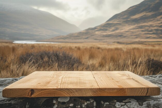 Wyświetlacz drewnianych produktów z irlandzkimi wzgórzami na tle